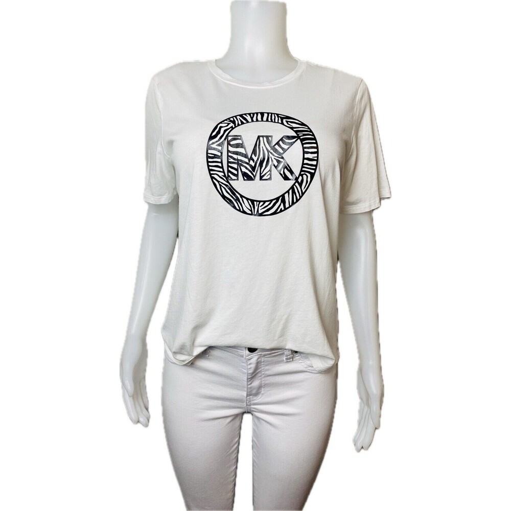 F. Michael Kors T-Shit  L Logo Multicolor White Blouse Round Neck NWT $68